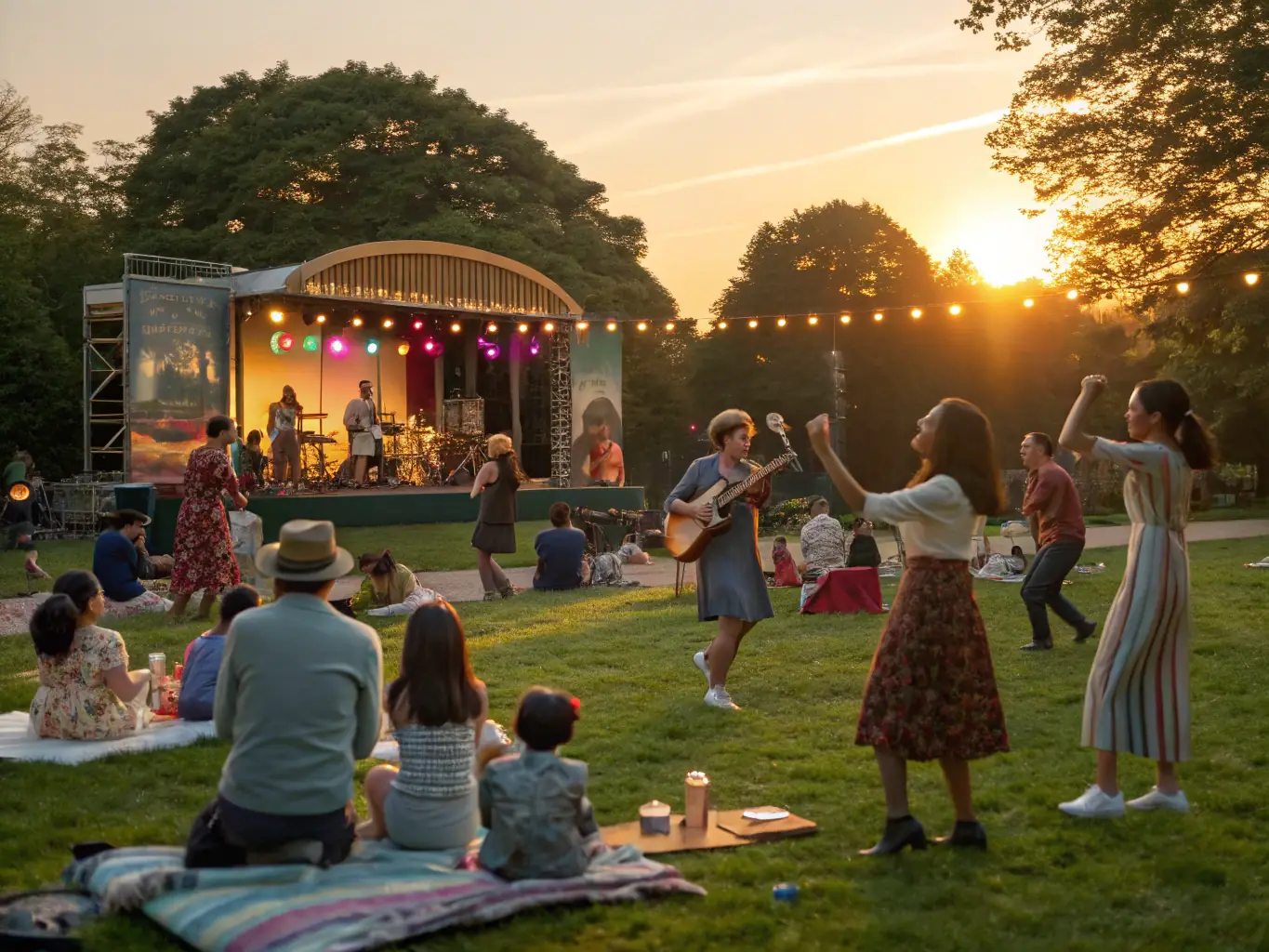 An image of a community outdoor concert with families and individuals enjoying live music in a festive atmosphere.