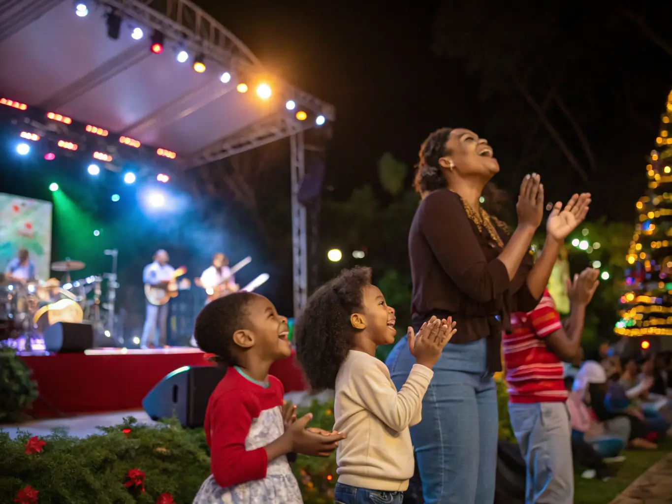 An image of a community outdoor concert with families and individuals enjoying live music in a festive atmosphere.