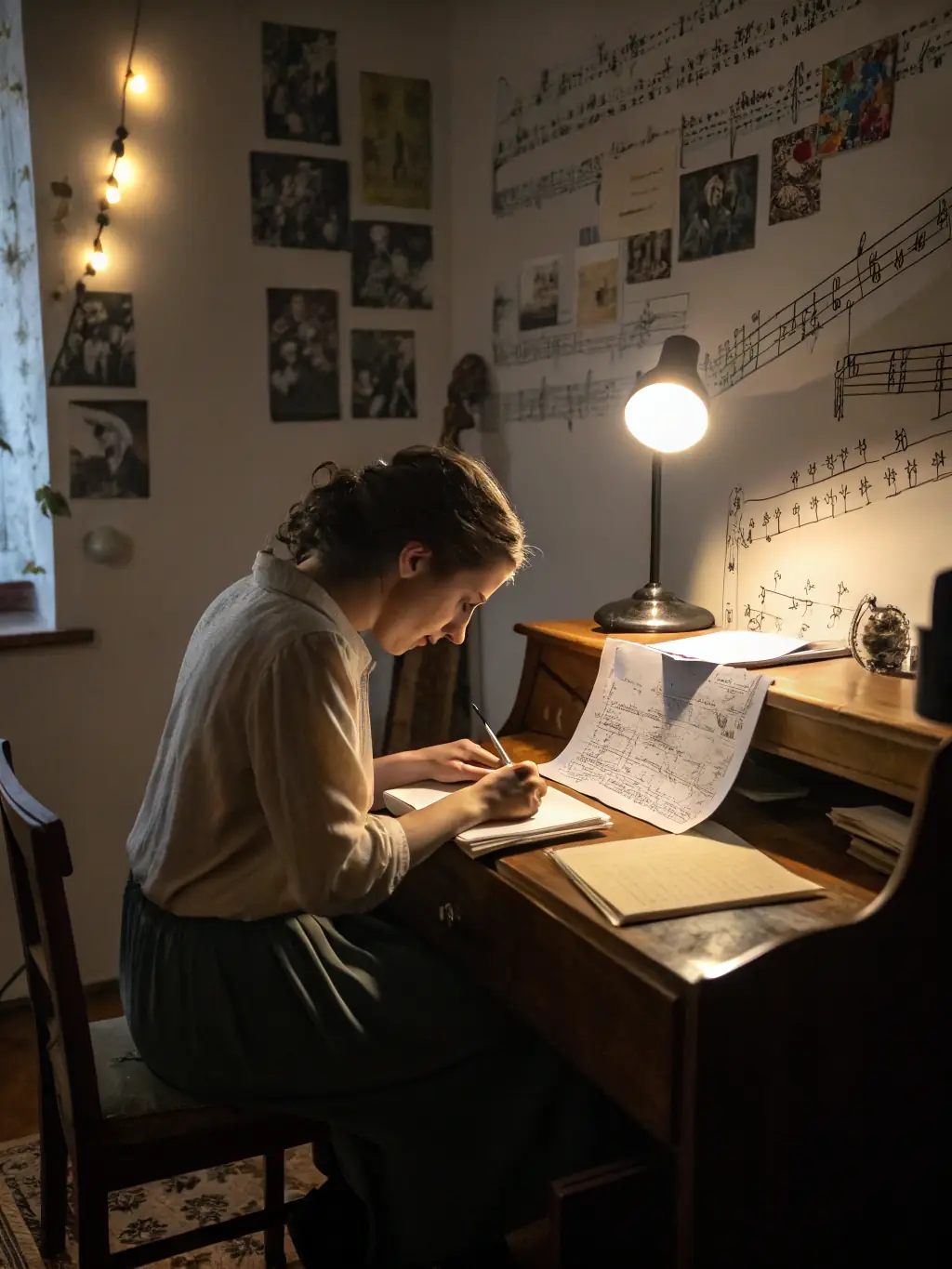 A focused shot of a musician composing music, emphasizing the support CENTRE OUVERT DE LA MUSIQUE D AUJOURDHUI provides for artistic creation and innovation.