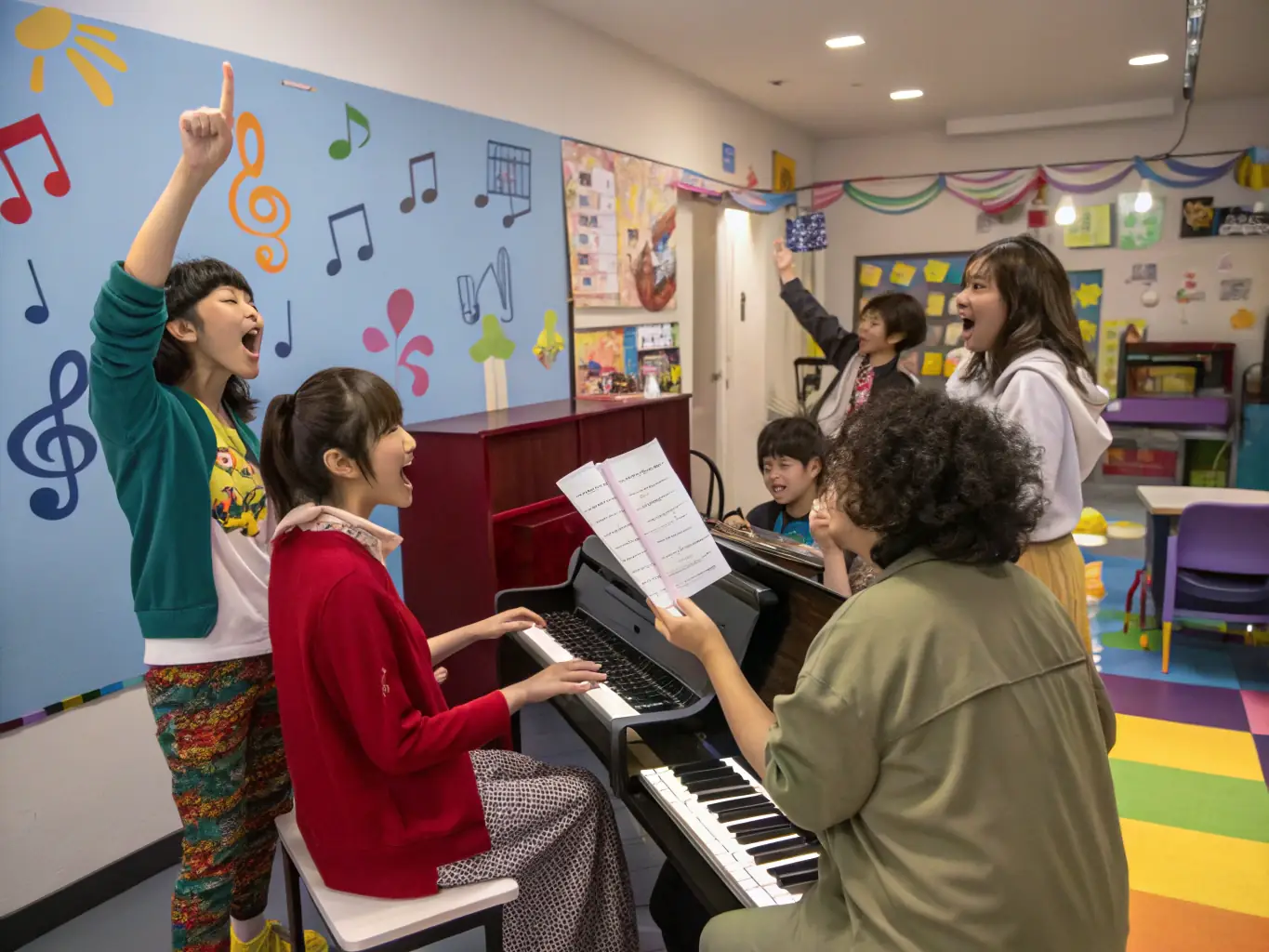 A photo of a group of young musicians participating in a hands-on workshop, collaborating and learning from a professional instructor.