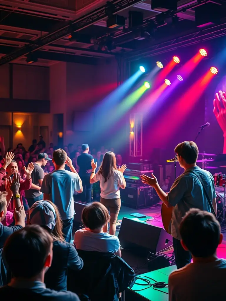 A vibrant photo of a contemporary music performance featuring a diverse group of musicians on stage, showcasing the energy and innovation of CENTRE OUVERT DE LA MUSIQUE D AUJOURDHUI's live events.