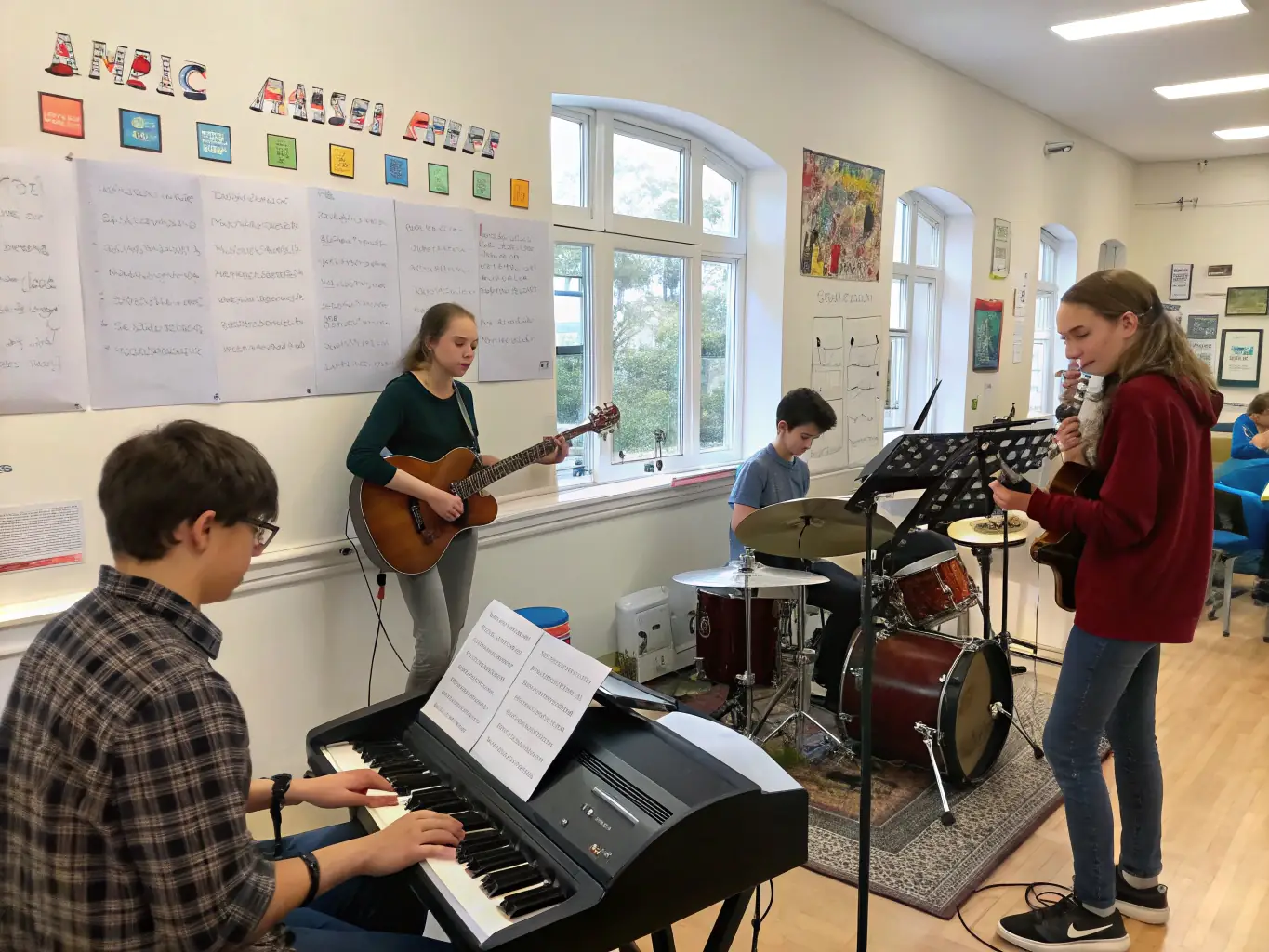 A photo of a group of young musicians participating in a hands-on workshop, collaborating and learning from a professional instructor.